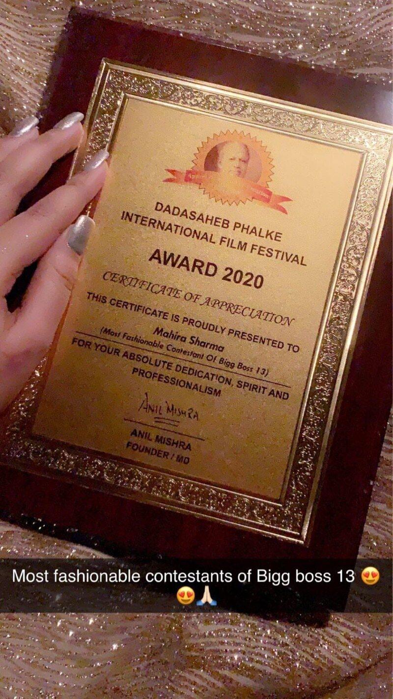Mahira Sharma wins Dadasaheb Phalke IFF 2020 Fashionable Contestant Award for Bigg Boss 13